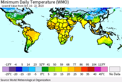 World Minimum Daily Temperature (WMO) Thematic Map For 10/16/2023 - 10/22/2023