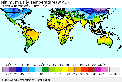 World Minimum Daily Temperature (WMO) Thematic Map For 10/30/2023 - 11/5/2023