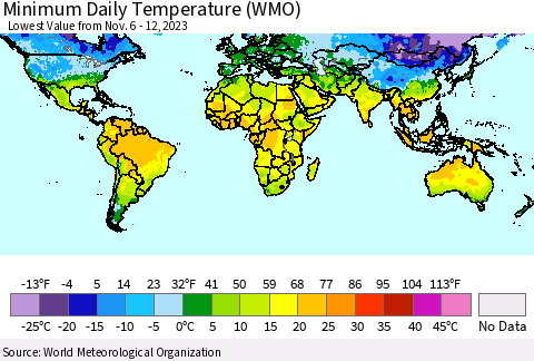 World Minimum Daily Temperature (WMO) Thematic Map For 11/6/2023 - 11/12/2023
