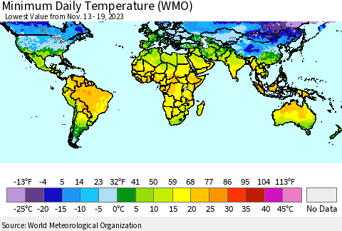 World Minimum Daily Temperature (WMO) Thematic Map For 11/13/2023 - 11/19/2023
