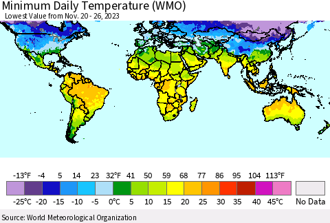 World Minimum Daily Temperature (WMO) Thematic Map For 11/20/2023 - 11/26/2023