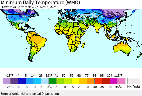 World Minimum Daily Temperature (WMO) Thematic Map For 11/27/2023 - 12/3/2023