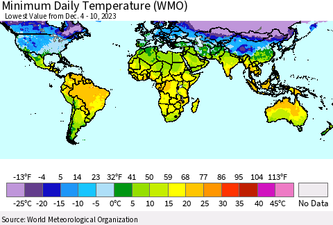 World Minimum Daily Temperature (WMO) Thematic Map For 12/4/2023 - 12/10/2023