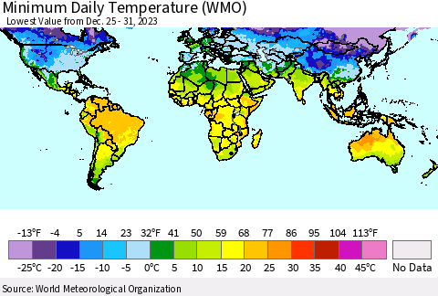 World Minimum Daily Temperature (WMO) Thematic Map For 12/25/2023 - 12/31/2023