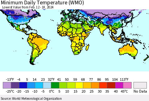 World Minimum Daily Temperature (WMO) Thematic Map For 2/12/2024 - 2/18/2024