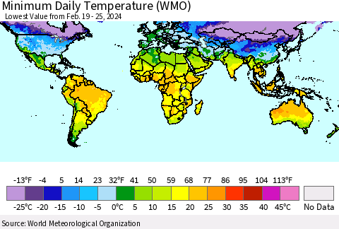 World Minimum Daily Temperature (WMO) Thematic Map For 2/19/2024 - 2/25/2024