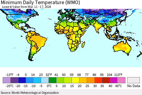 World Minimum Daily Temperature (WMO) Thematic Map For 3/11/2024 - 3/17/2024
