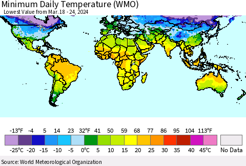 World Minimum Daily Temperature (WMO) Thematic Map For 3/18/2024 - 3/24/2024