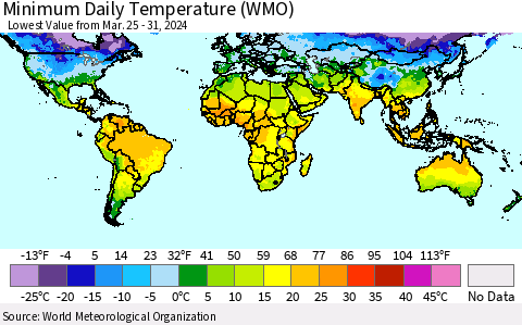 World Minimum Daily Temperature (WMO) Thematic Map For 3/25/2024 - 3/31/2024