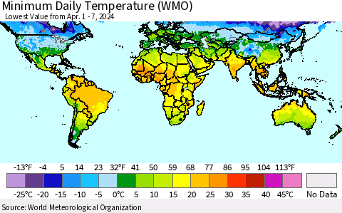 World Minimum Daily Temperature (WMO) Thematic Map For 4/1/2024 - 4/7/2024