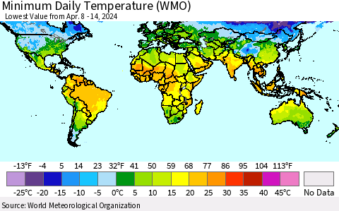 World Minimum Daily Temperature (WMO) Thematic Map For 4/8/2024 - 4/14/2024