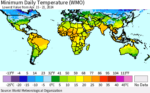 World Minimum Daily Temperature (WMO) Thematic Map For 4/15/2024 - 4/21/2024