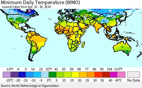 World Minimum Daily Temperature (WMO) Thematic Map For 4/22/2024 - 4/28/2024