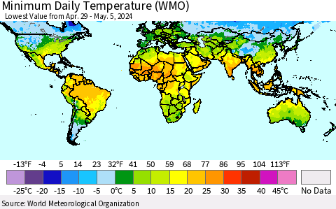 World Minimum Daily Temperature (WMO) Thematic Map For 4/29/2024 - 5/5/2024