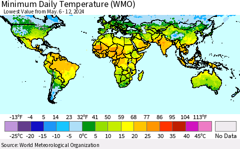 World Minimum Daily Temperature (WMO) Thematic Map For 5/6/2024 - 5/12/2024