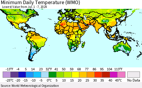 World Minimum Daily Temperature (WMO) Thematic Map For 7/1/2024 - 7/7/2024
