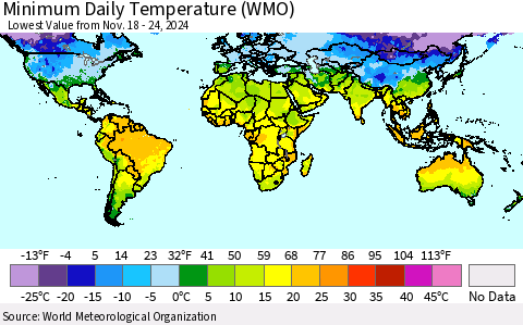 World Minimum Daily Temperature (WMO) Thematic Map For 11/18/2024 - 11/24/2024