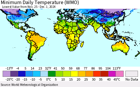World Minimum Daily Temperature (WMO) Thematic Map For 11/25/2024 - 12/1/2024