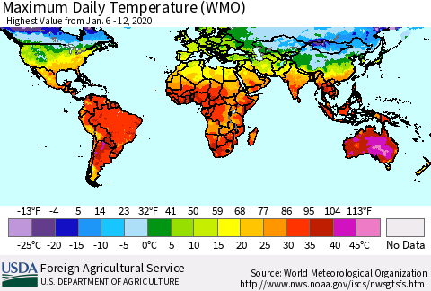 World Maximum Daily Temperature (WMO) Thematic Map For 1/6/2020 - 1/12/2020