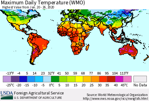 World Maximum Daily Temperature (WMO) Thematic Map For 1/20/2020 - 1/26/2020