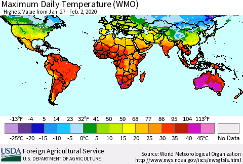 World Maximum Daily Temperature (WMO) Thematic Map For 1/27/2020 - 2/2/2020