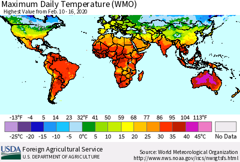 World Maximum Daily Temperature (WMO) Thematic Map For 2/10/2020 - 2/16/2020