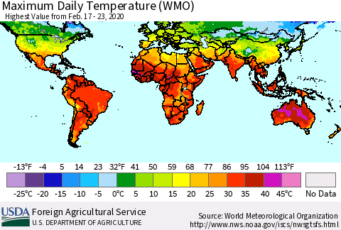 World Maximum Daily Temperature (WMO) Thematic Map For 2/17/2020 - 2/23/2020