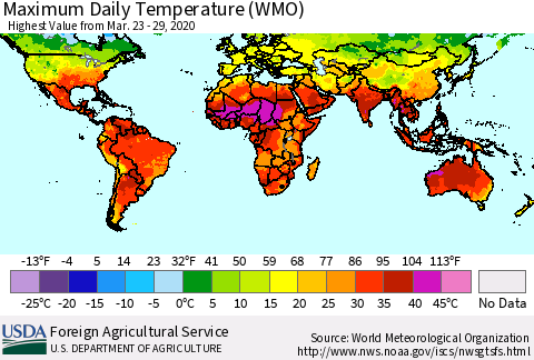 World Maximum Daily Temperature (WMO) Thematic Map For 3/23/2020 - 3/29/2020
