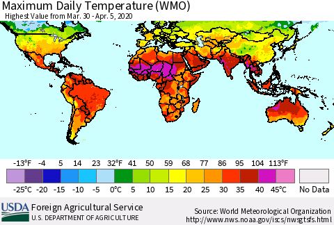 World Maximum Daily Temperature (WMO) Thematic Map For 3/30/2020 - 4/5/2020