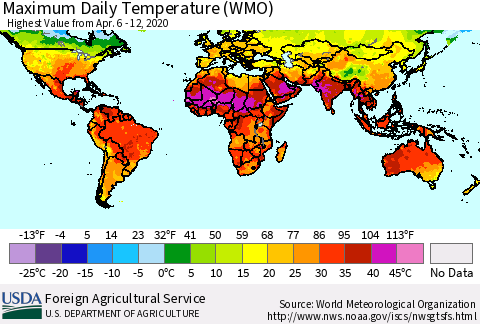 World Maximum Daily Temperature (WMO) Thematic Map For 4/6/2020 - 4/12/2020