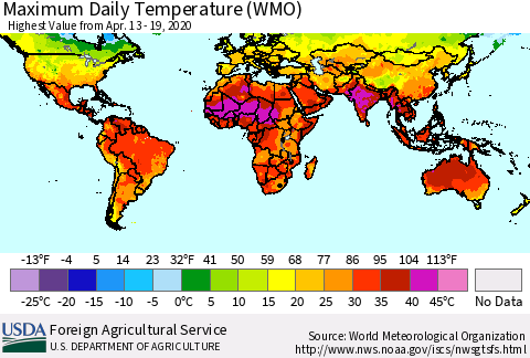 World Maximum Daily Temperature (WMO) Thematic Map For 4/13/2020 - 4/19/2020