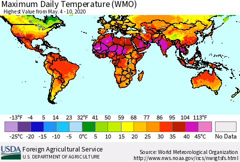 World Maximum Daily Temperature (WMO) Thematic Map For 5/4/2020 - 5/10/2020