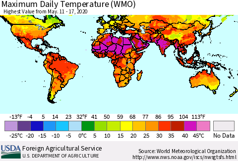 World Maximum Daily Temperature (WMO) Thematic Map For 5/11/2020 - 5/17/2020