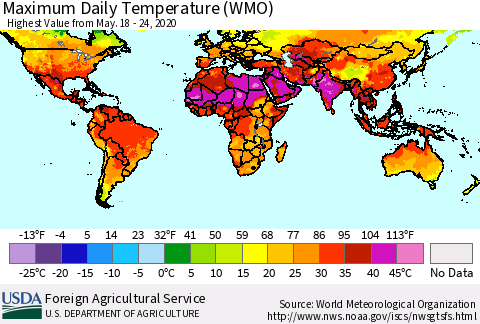 World Maximum Daily Temperature (WMO) Thematic Map For 5/18/2020 - 5/24/2020
