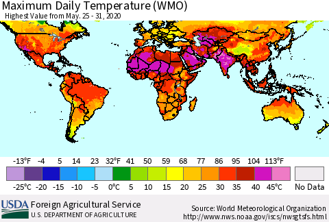 World Maximum Daily Temperature (WMO) Thematic Map For 5/25/2020 - 5/31/2020