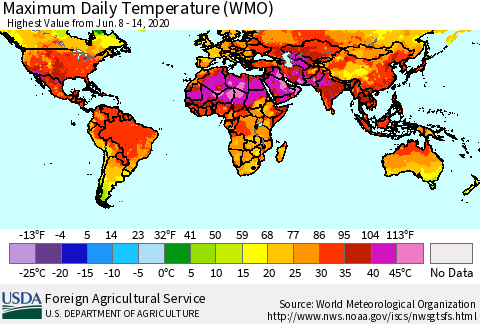 World Maximum Daily Temperature (WMO) Thematic Map For 6/8/2020 - 6/14/2020