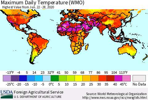 World Maximum Daily Temperature (WMO) Thematic Map For 6/22/2020 - 6/28/2020