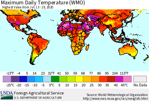 World Maximum Daily Temperature (WMO) Thematic Map For 7/13/2020 - 7/19/2020