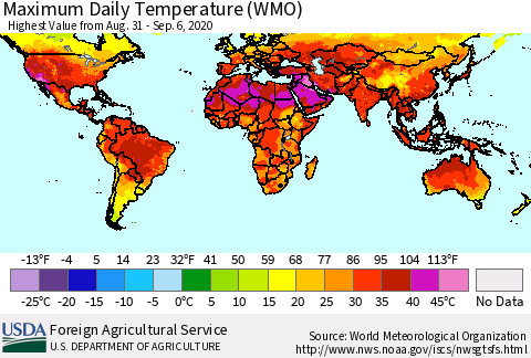 World Maximum Daily Temperature (WMO) Thematic Map For 8/31/2020 - 9/6/2020