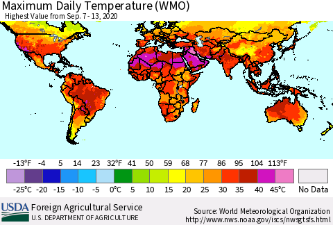 World Maximum Daily Temperature (WMO) Thematic Map For 9/7/2020 - 9/13/2020