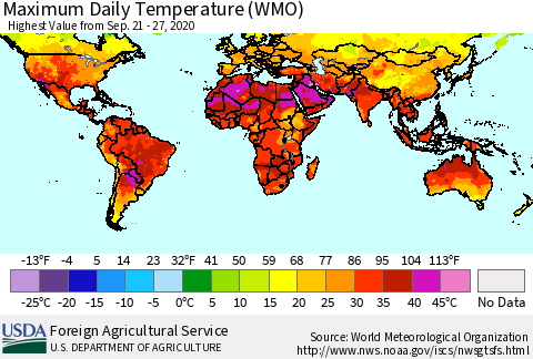 World Maximum Daily Temperature (WMO) Thematic Map For 9/21/2020 - 9/27/2020
