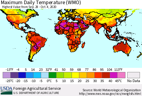 World Maximum Daily Temperature (WMO) Thematic Map For 9/28/2020 - 10/4/2020