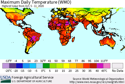 World Maximum Daily Temperature (WMO) Thematic Map For 10/5/2020 - 10/11/2020