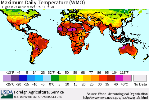 World Maximum Daily Temperature (WMO) Thematic Map For 10/12/2020 - 10/18/2020