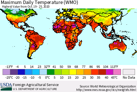 World Maximum Daily Temperature (WMO) Thematic Map For 10/19/2020 - 10/25/2020