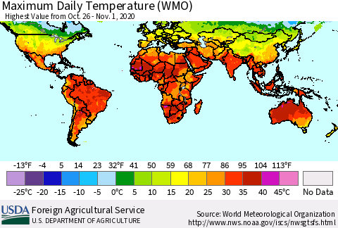 World Maximum Daily Temperature (WMO) Thematic Map For 10/26/2020 - 11/1/2020