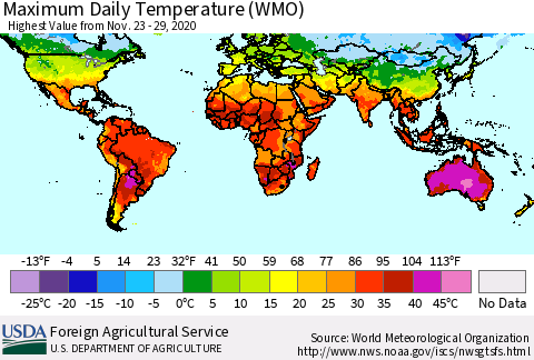 World Maximum Daily Temperature (WMO) Thematic Map For 11/23/2020 - 11/29/2020
