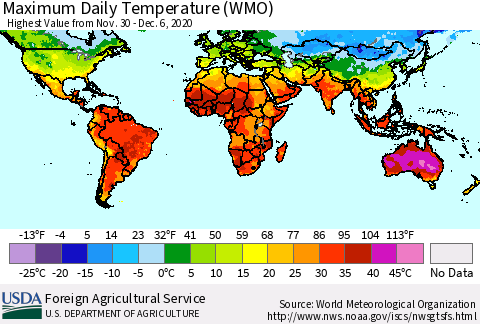 World Maximum Daily Temperature (WMO) Thematic Map For 11/30/2020 - 12/6/2020