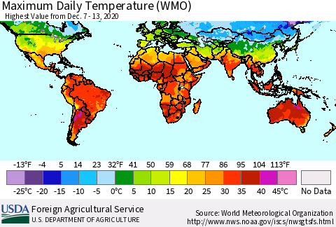 World Maximum Daily Temperature (WMO) Thematic Map For 12/7/2020 - 12/13/2020