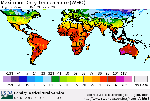 World Maximum Daily Temperature (WMO) Thematic Map For 12/21/2020 - 12/27/2020